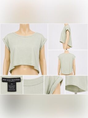 See You Monday Sage Green Rolled-Sleeve Crop Top